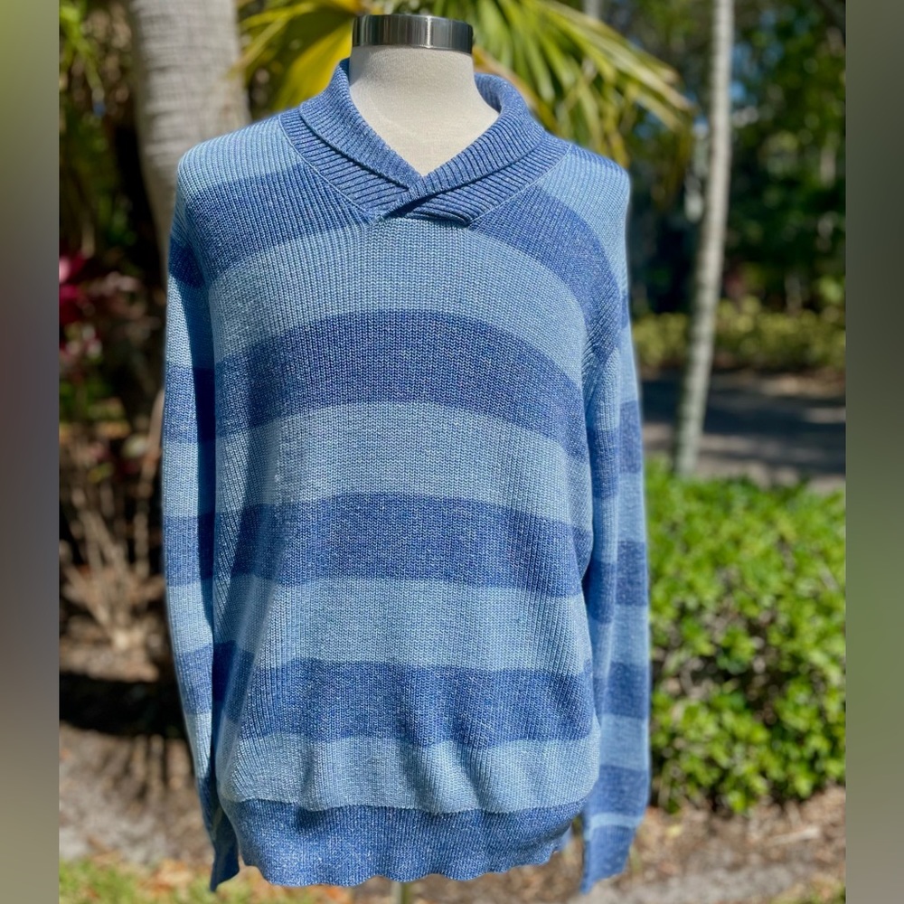 Peter Millar Blue Striped Cowl Neck Sweater Size M Trendy Fine Merino Wool Linen